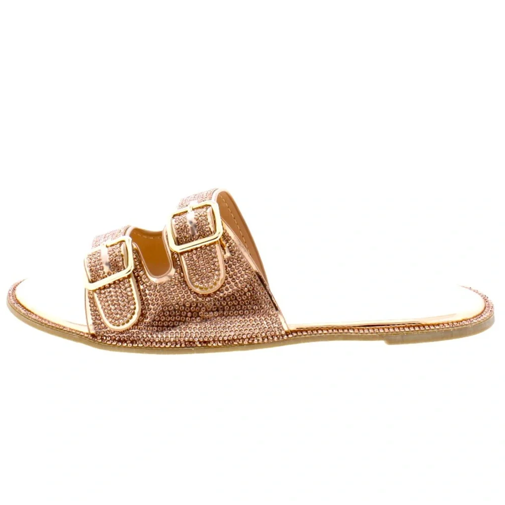🎉 $25 Rose Gold Metallic Bling Flat Padded Slider Slippers Sandals